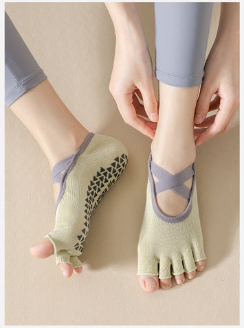 Women’s Open-Toe Five-Toe Pilates Socks – Cross-Strap Non-Slip Grip Socks with Cushion & Shock Absorption