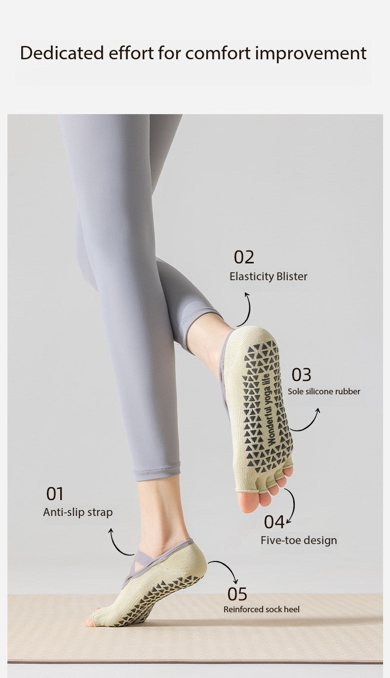 Women’s Open-Toe Five-Toe Pilates Socks – Cross-Strap Non-Slip Grip Socks with Cushion & Shock Absorption