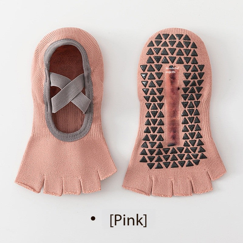 Women’s Open-Toe Five-Toe Pilates Socks – Cross-Strap Non-Slip Grip Socks with Cushion & Shock Absorption