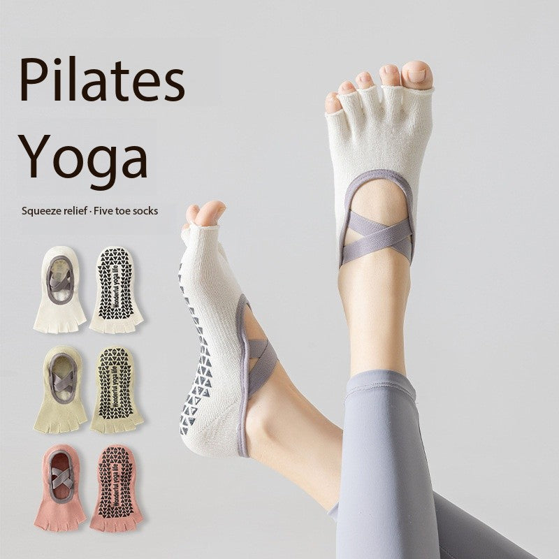 Women’s Open-Toe Five-Toe Pilates Socks – Cross-Strap Non-Slip Grip Socks with Cushion & Shock Absorption