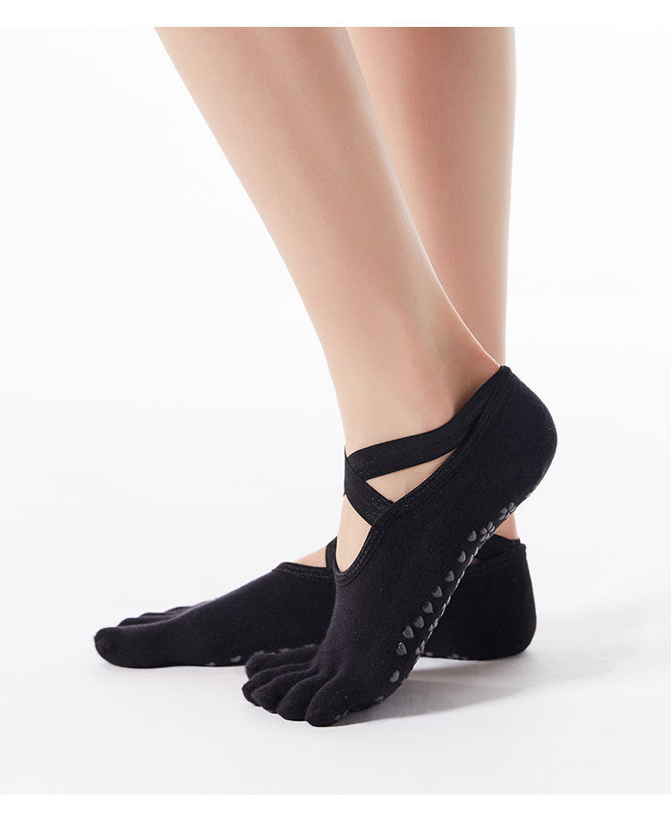 Women’s Cross-Strap Yoga Socks – Non-Slip Five-Toe Socks with Grips | Pilates, Barre & Dance Workout Socks