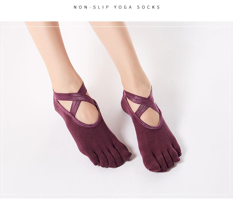 Women’s Cross-Strap Yoga Socks – Non-Slip Five-Toe Socks with Grips | Pilates, Barre & Dance Workout Socks