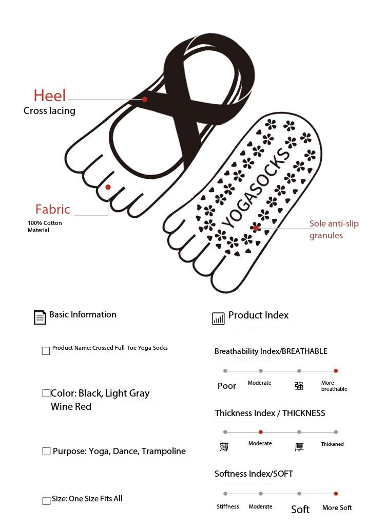 Women’s Cross-Strap Yoga Socks – Non-Slip Five-Toe Socks with Grips | Pilates, Barre & Dance Workout Socks