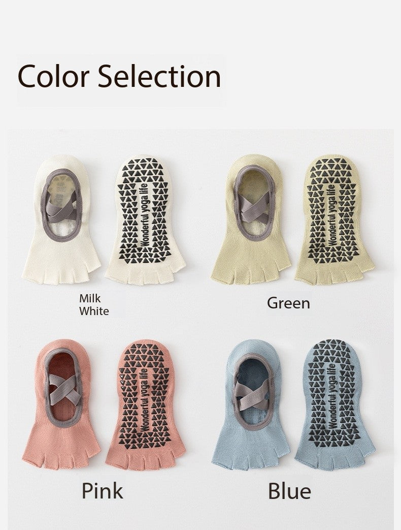 Women’s Open-Toe Five-Toe Pilates Socks – Cross-Strap Non-Slip Grip Socks with Cushion & Shock Absorption