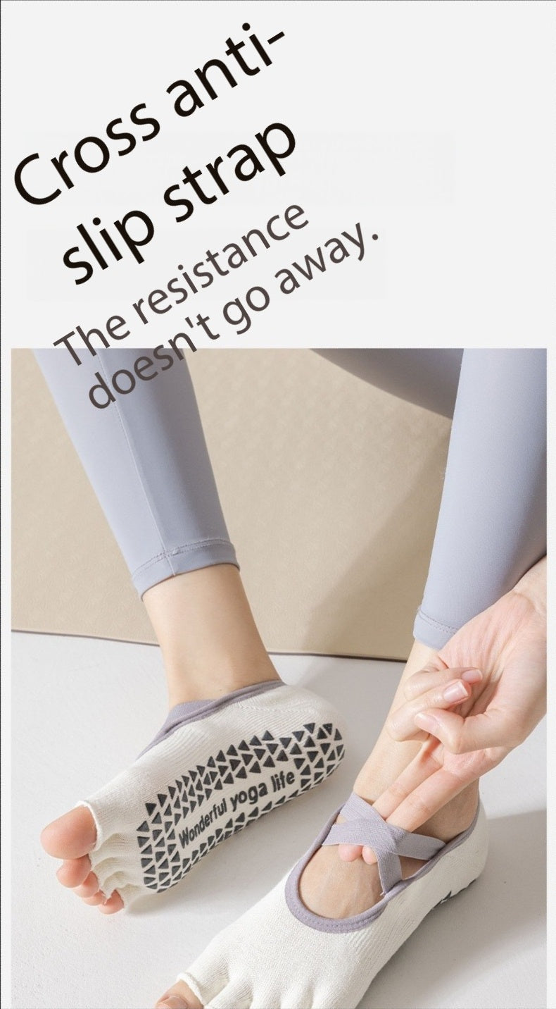Women’s Open-Toe Five-Toe Pilates Socks – Cross-Strap Non-Slip Grip Socks with Cushion & Shock Absorption