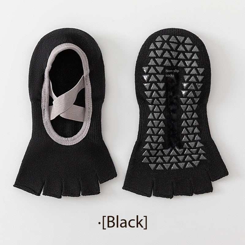 Women’s Open-Toe Five-Toe Pilates Socks – Cross-Strap Non-Slip Grip Socks with Cushion & Shock Absorption