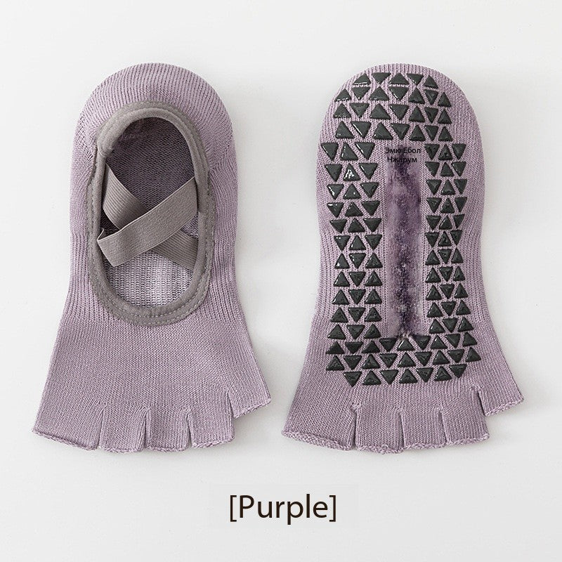 Women’s Open-Toe Five-Toe Pilates Socks – Cross-Strap Non-Slip Grip Socks with Cushion & Shock Absorption