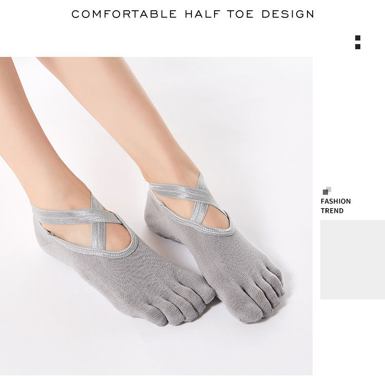 Women’s Cross-Strap Yoga Socks – Non-Slip Five-Toe Socks with Grips | Pilates, Barre & Dance Workout Socks