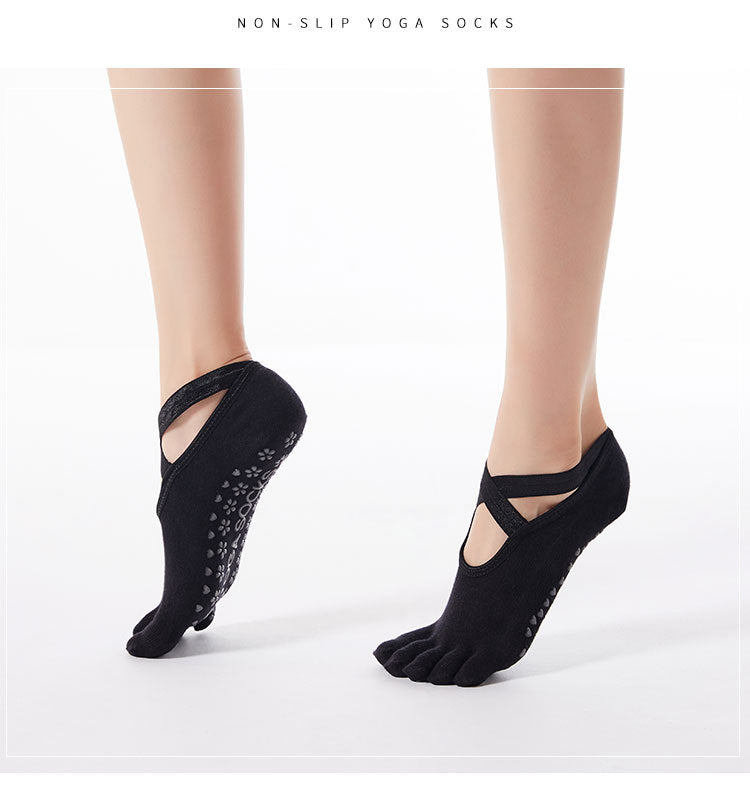 Women’s Cross-Strap Yoga Socks – Non-Slip Five-Toe Socks with Grips | Pilates, Barre & Dance Workout Socks