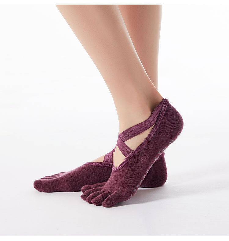 Women’s Cross-Strap Yoga Socks – Non-Slip Five-Toe Socks with Grips | Pilates, Barre & Dance Workout Socks