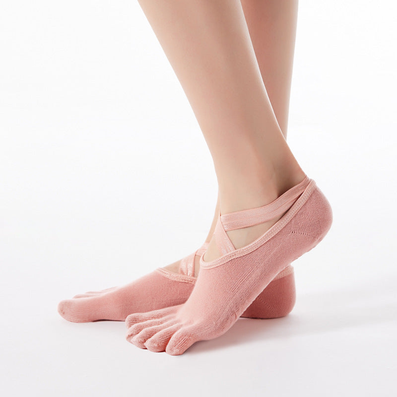 Women’s Cross-Strap Yoga Socks – Non-Slip Five-Toe Socks with Grips | Pilates, Barre & Dance Workout Socks